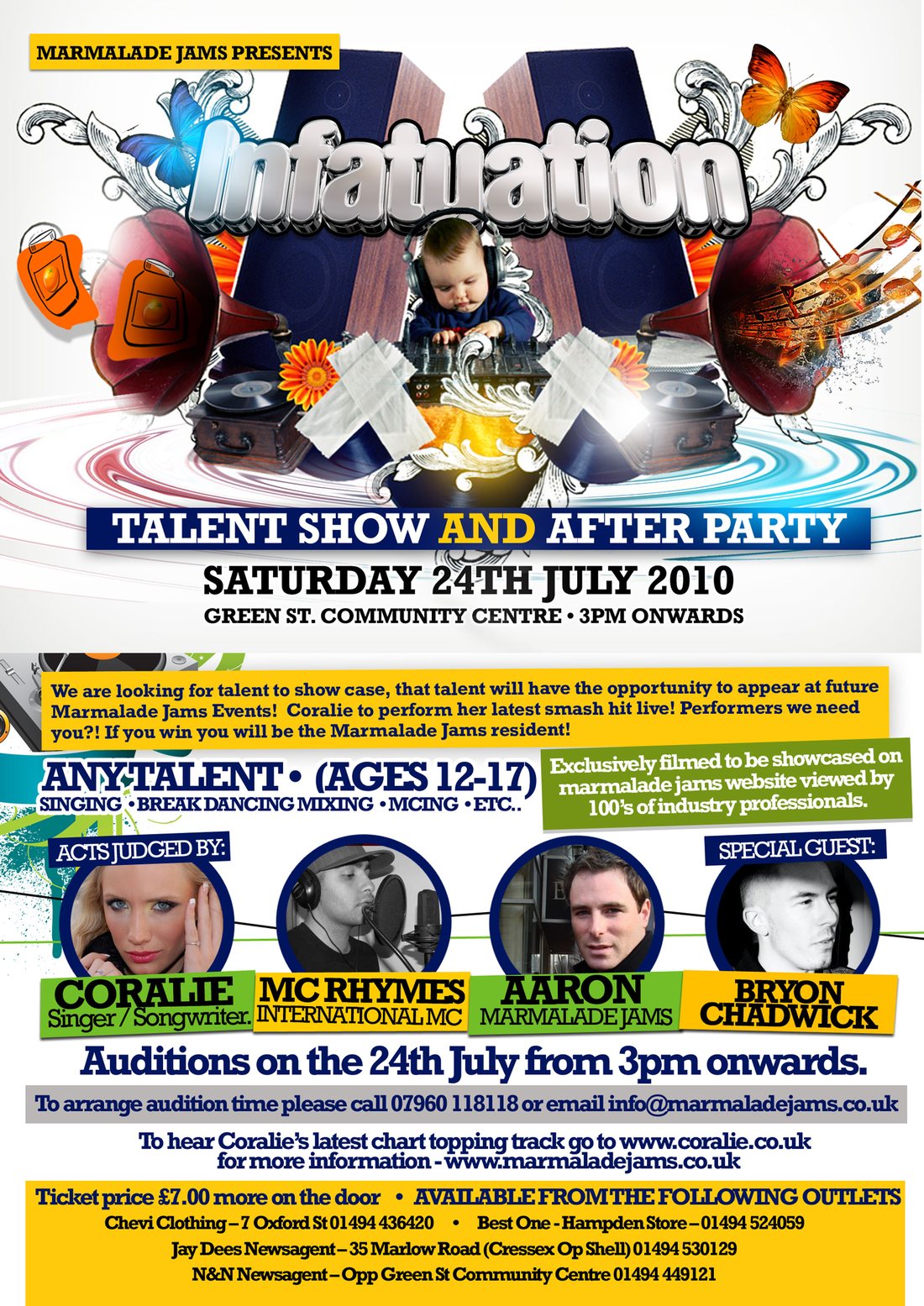 Flyer for Infatuation, the Marmalade Jams talent show and after party, Saturday 24 July 2010 at Green St Community Centre, High Wycombe