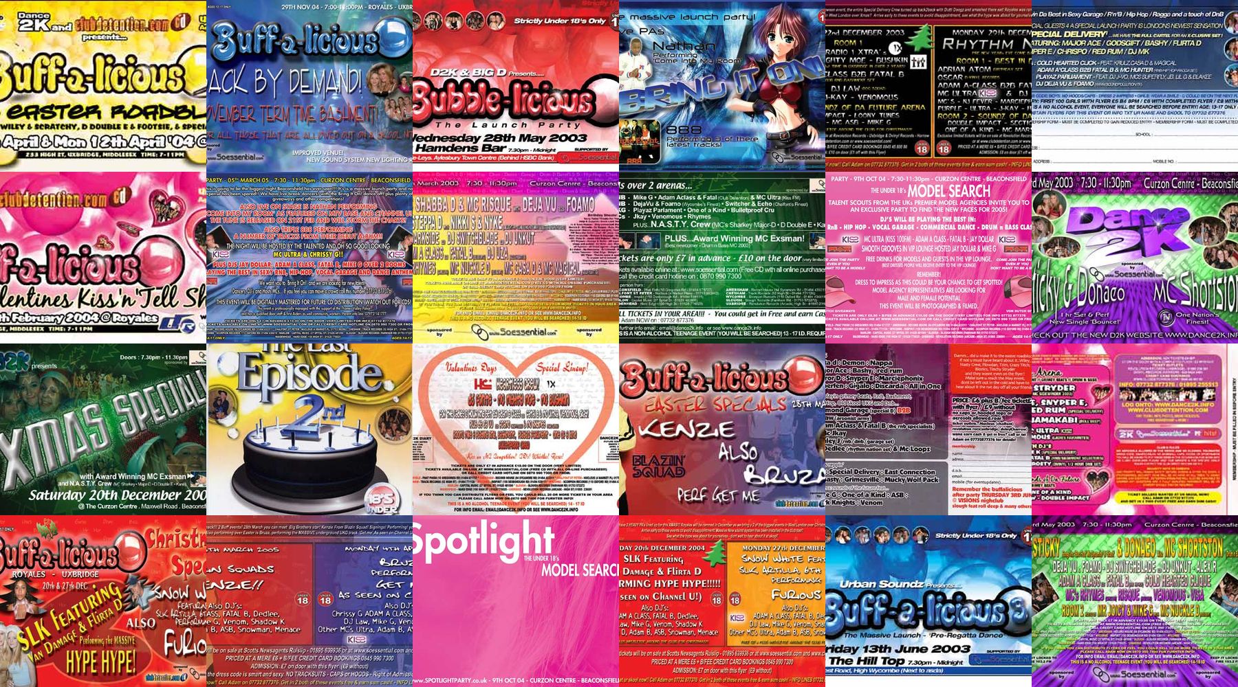 A grid of twenty-four flyers from under-18s club nights run between 2003 and 2005